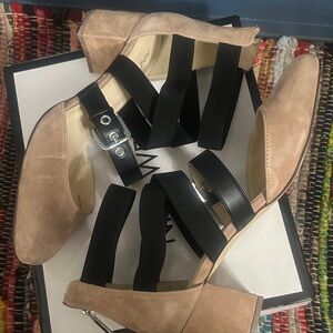 Nine West Pink Leather Suede Strappy Block Heels with Black Elastic - BEAUTIFUL